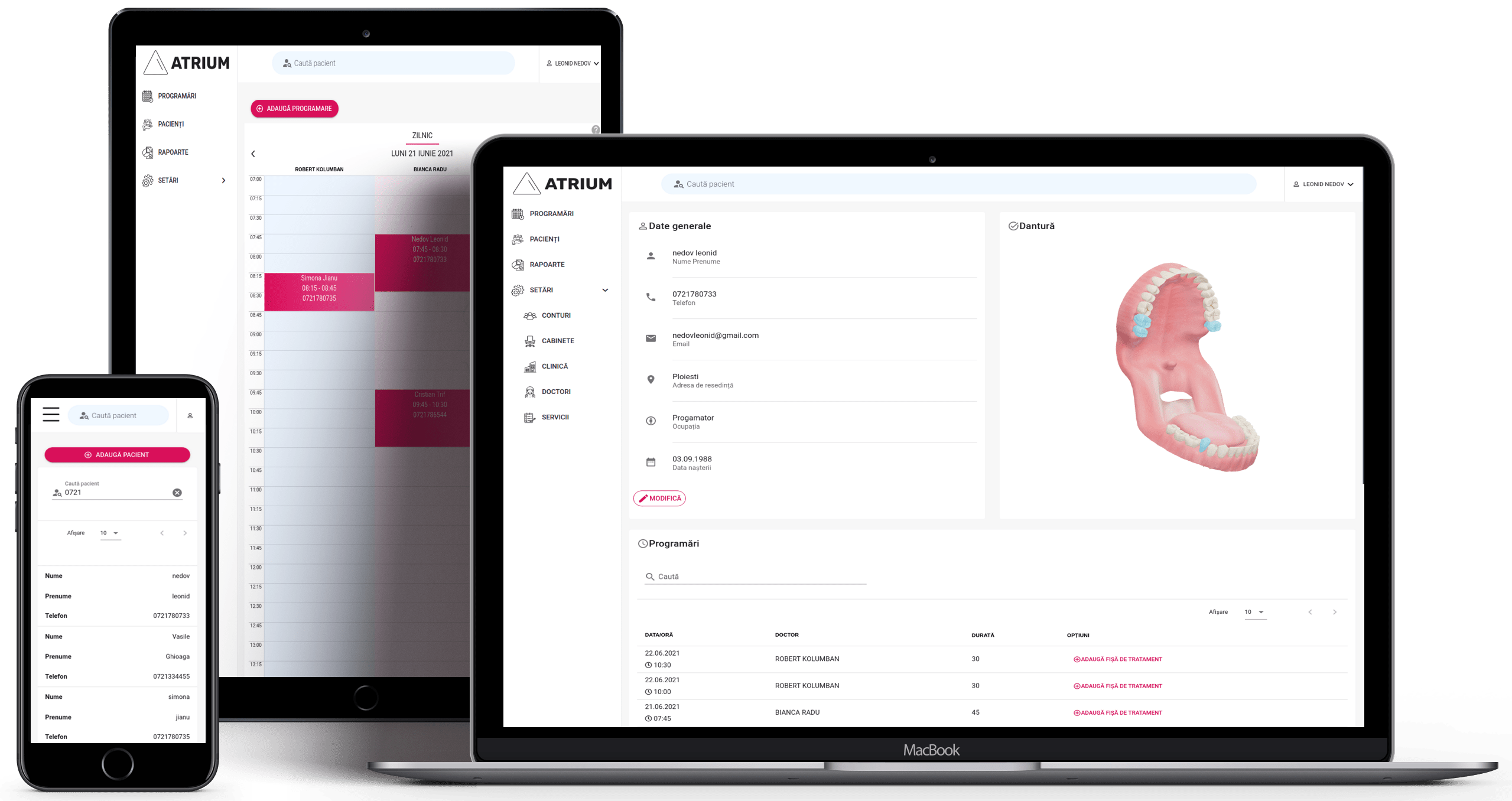 AtriumApp - Software stomatologic pentru managementul clinicilor dentare, afișat pe desktop, tabletă și mobil